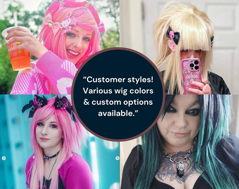 Customer showcase featuring different custom handmade wigs. Various colors and styles, including platinum blonde, pink, and gothic black. High-quality synthetic wigs for cosplay, alternative fashion, and daily wear. Customization available.