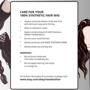 Care guide for synthetic wigs. Instructions for washing, drying, and maintaining heat-resistant synthetic wigs. Suitable for cosplay wigs, alternative fashion wigs, and daily wear wigs. Avoid heat damage, brush only when dry.