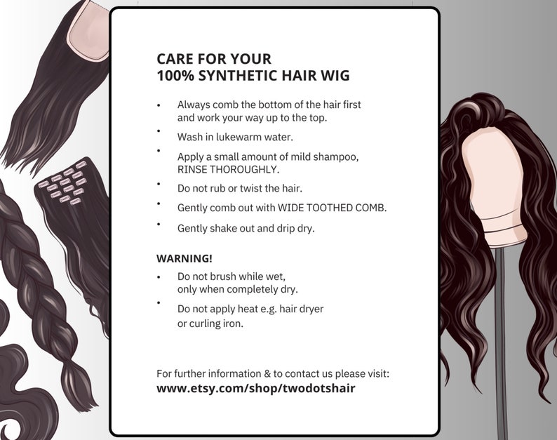 Care guide for synthetic wigs. Instructions for washing, drying, and maintaining heat-resistant synthetic wigs. Suitable for cosplay wigs, alternative fashion wigs, and daily wear wigs. Avoid heat damage, brush only when dry.