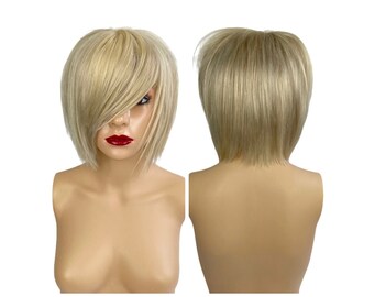 Blonde Emo Scene Bob Wig Men Human Hair Short, Straight Styled Wig with Bangs Glueless, Cosplay Costume Alopecia Chemo Custom Wig Commission