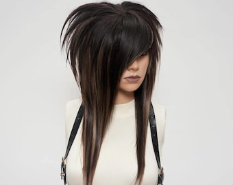 Emo Scene Hair Wig Brown Blond - Spiky Shaggy Layered Hairstyle with Bangs for Alternative Goth Punk Rocker.