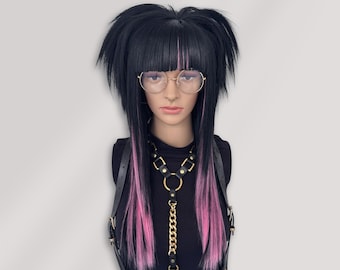 Black and Pink Wolfcut Wig – Straight Fringe Mullet Style for Emo, Scene, Y2K & Alternative Fashion