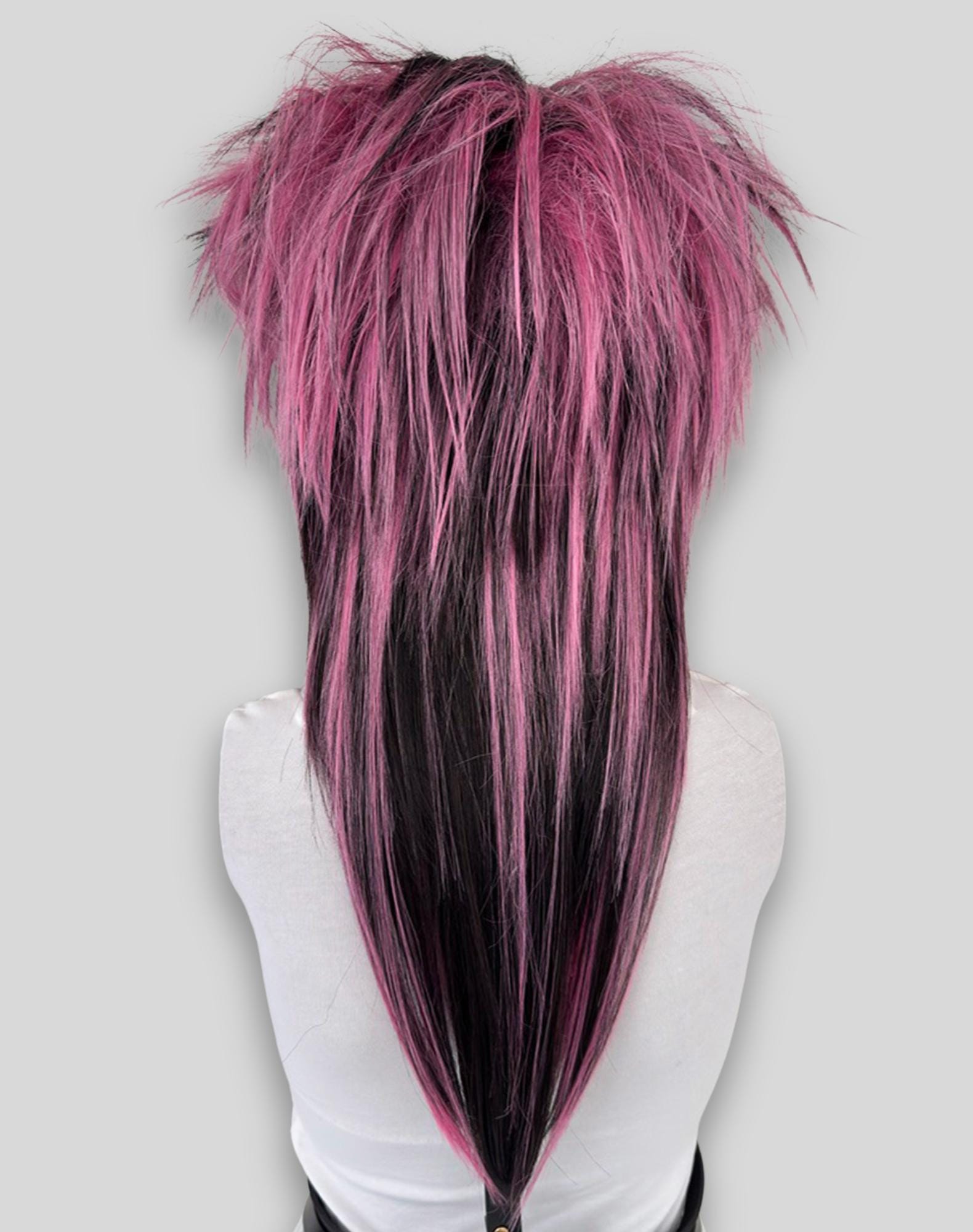 Long  EMO Wig gothic, wig  human hair mix black brown and pink. Emo Scene Wig in Black & Red, Layer Shag Wig with Side Bangs  main image 4