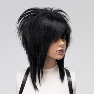 エモシーン ヘア ウィッグ - 漆黒の人毛ウィッグ、オルタナティブ ゴス ファッションのためのサイドパート バング付き 360 スパイキー ウィッグ。