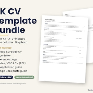May include: A UK CV template bundle featuring a single-column resume layout with sections for profile, experience, education, skills, and interests. The document includes a cover letter, references page, and application guide in Word and PDF formats.