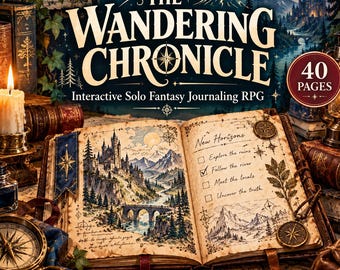 May include: The Wandering Chronicle interactive solo fantasy journaling RPG book with 40 pages. The open pages display a landscape illustration of a castle and mountains, a checklist titled New Horizons, and decorative compass motifs.