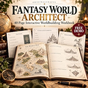 May include: An open 40-page interactive worldbuilding workbook titled Fantasy World Architect, featuring a detailed fantasy map, sections for cities, factions, and creatures, a brass compass, and a black pen, with a red Free Demo badge.