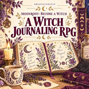 May include: An open book titled Moonroot: Become a Witch A Witch Journaling RPG with purple floral illustrations, a steaming mug with a moon design, a lit candle, a black cat, a glass bottle labeled Plants Potions People Possibilities, and crystals.