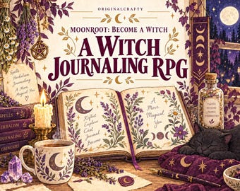 May include: An open book titled Moonroot: Become a Witch A Witch Journaling RPG with purple floral illustrations, a steaming mug with a moon design, a lit candle, a black cat, a glass bottle labeled Plants Potions People Possibilities, and crystals.
