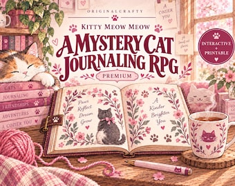 May include: A Kitty Meow Meow A Mystery Cat Journaling RPG book with an open page featuring floral illustrations, a cat drawing, and text reading Paws Reflect Dream Grow and A Kinder Brighter You, alongside a pink mug and yarn.