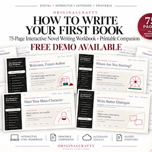 Peut inclure: Un cahier d'exercices interactif de 75 pages pour écrire un premier roman, intitulé How to Write Your First Book par OriginalCrafty. L'ensemble numérique comprend des fiches pour la planification, les personnages, les chapitres et les scènes.
