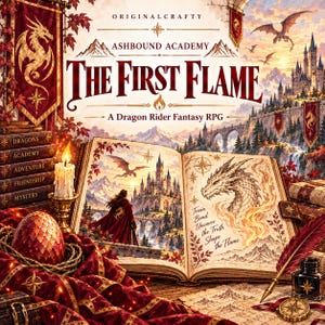 Pode incluir: Um livro de RPG de fantasia intitulado Ashbound Academy: The First Flame, apresentando um ovo de dragão, uma vela acesa, uma pena e um livro aberto com ilustrações de um castelo, um dragão e o texto Train Bond Uncover the Truth Shape the Flame.