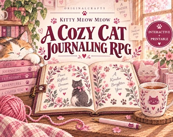 May include: A Kitty Meow Meow A Cozy Cat Journaling RPG book with an open page featuring a cat illustration, floral borders, and text. Includes a pink yarn ball, a pen, and a mug with a cat face design, all set against a soft pink background.