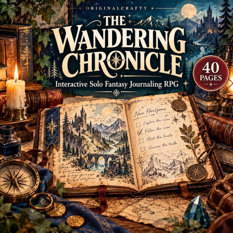 May include: The Wandering Chronicle interactive solo fantasy journaling RPG book with 40 pages. The open pages display a landscape illustration of a castle and mountains, a checklist titled New Horizons, and decorative compass motifs.