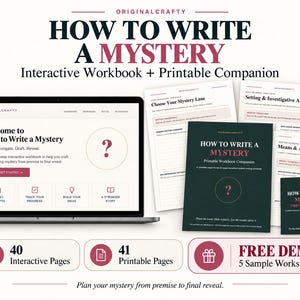 Może przedstawiać: Laptop wyświetlający interaktywny zeszyt ćwiczeń How to Write a Mystery, obok którego znajduje się kilka wydrukowanych stron oraz okładka zatytułowana How to Write a Mystery Printable Workbook Companion, zawierająca 40 interaktywnych stron.