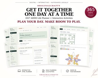 2027 ADHD Life Planner, 365 Page Interactive Daily Workbook, Printable PDF's,  Sudoku, Coloring & Games
