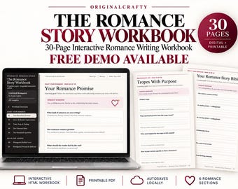 Romance Novel Planner | 30 Digital and Printable Pages | Free Demo | Interactive Writing Workbook