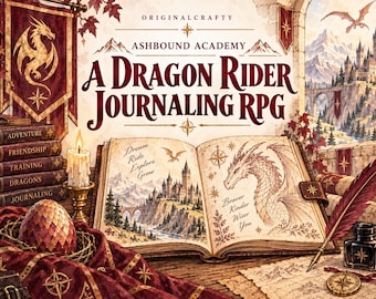 May include: An open book titled Ashbound Academy A Dragon Rider Journaling RPG with illustrations of a castle and dragon. Beside it are a stack of five books, a lit candle, a dragon egg, a quill, an inkwell, and a compass on a map.