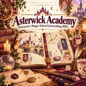 May include: An open journal titled Asterwick Academy Interactive Magic-School Journaling RPG, featuring illustrations of a castle, celestial maps, and a potion. Includes a quill, a wax-sealed envelope, a crystal ball, a candle, and a magic wand.