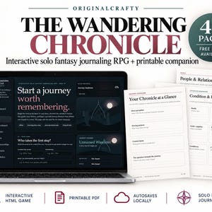The Wandering Chronicle solo fantasy journaling RPG with 10 interactive adventure pages and a 40-page printable companion. Create a hero, explore a fantasy world, follow quests, meet allies and rivals, consult the Oracle, discover relics, face growing threats and preserve your journey as a personal chronicle. Solo RPG, fantasy journaling game, tabletop adventure, story game and digital download.
