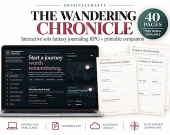 Interactive Solo Fantasy Journaling RPG | The Wandering Chronicle | Offline Browser Game | Digital + Printable | Free Demo