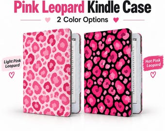 Pink Leopard Print Kindle Case | Leather, Satin Finish, Magnetic Closure, Duel Sided