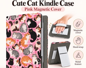 Cat Pattern Kindle Case | Pink Floral PU Leather Double Cover (6.8-7")