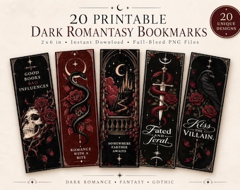 Dark Romantasy Bookmarks, 20 Gothic Fantasy Bookmarks, Magic, Roses, Ravens (Digital Download)