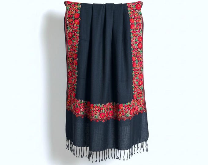 Embroidered Pashmina Shawl- Cashmere scarf- Black Pashmina- Full size