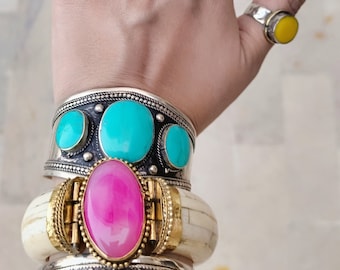 Turquoise jewelry- boho bracelet-  cuff bracelet- Tribal afghan jewelry-Vintage jewelry-Ethnic tribe jewelry- Turquoise stone- Stone jewelry
