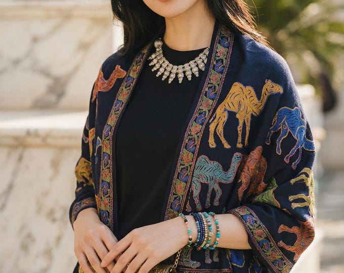 Camel Print Cashmere Scarf-  Nepal Handmade Pashmina Shawl- Black Wrap- Pure Soft Animal Prints