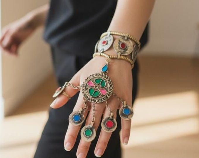 Afghan Kuchi Panja Bracelet with Rings - Tribal Haath Phool- Antique vintage Jewelry