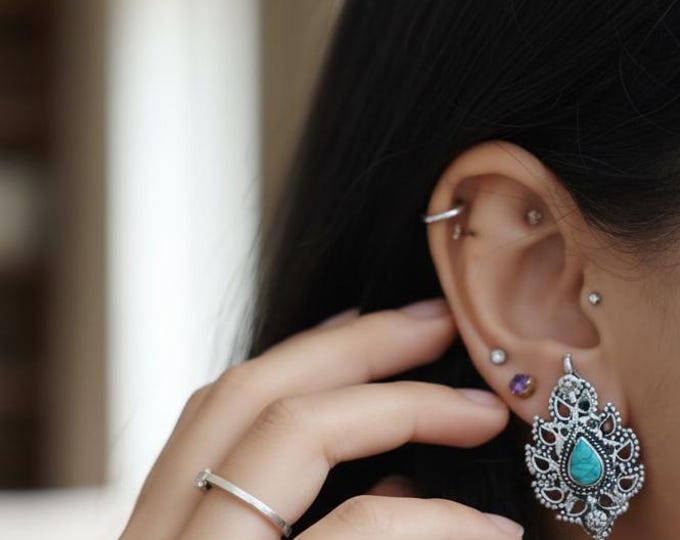 Afghan Coin Earrings-Blue turquoise Studs - Silver Jhumka