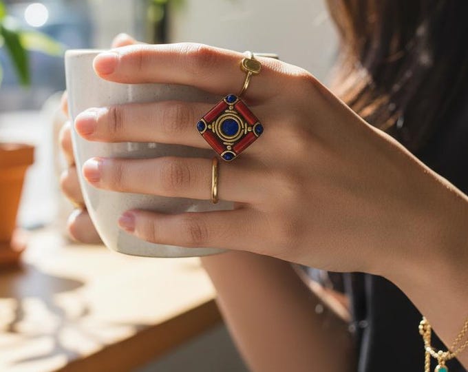 Lapis ring- Coral Mosaic ring-Nepali turquoise jewelry