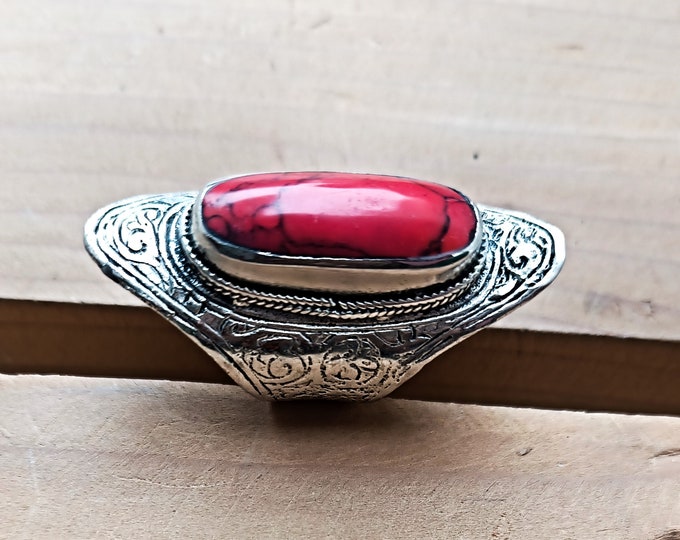 Coral Saddle Ring: Afghan Kuchi Silver Ring, Size 7.5