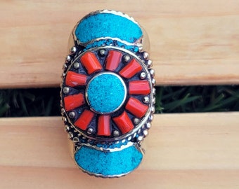 Turquoise & Coral Cocktail ring Ring Turquoise Coral.Tibetan Jewelry..Statement Rings.Turquoise stone rings.Coral Ring.