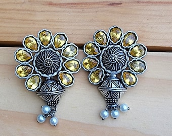 Stone Studded Earrings- Sterling Silver Earring- Kundan