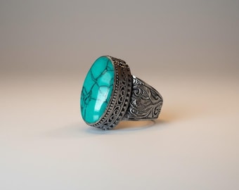 Anillo de turquesa - Joyería afgana - Anillo apilable - Anillo llamativo - Talla 8