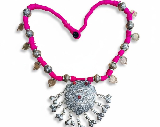 Antique large Islamic Central Asian tribal silver amulet and talisman chain necklace-Afghan tribal necklace- boho pink necklace