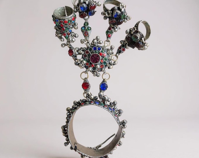 Gypsy Bellydance Ring- Afghan Jewelry- Afghan ethnic jewelry- silver antique Kuchi Jewelry- Afghan cuff bracelet- Haath Phool- Afghan Panja