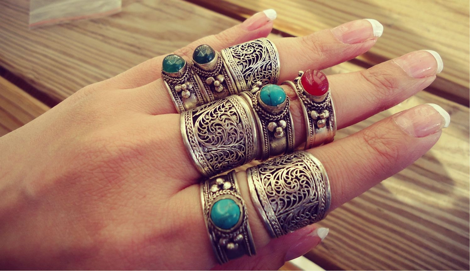 Antique Silver Gypsy Jewelry Turquoise Ring for Men Women Tibet Ring Adjustable