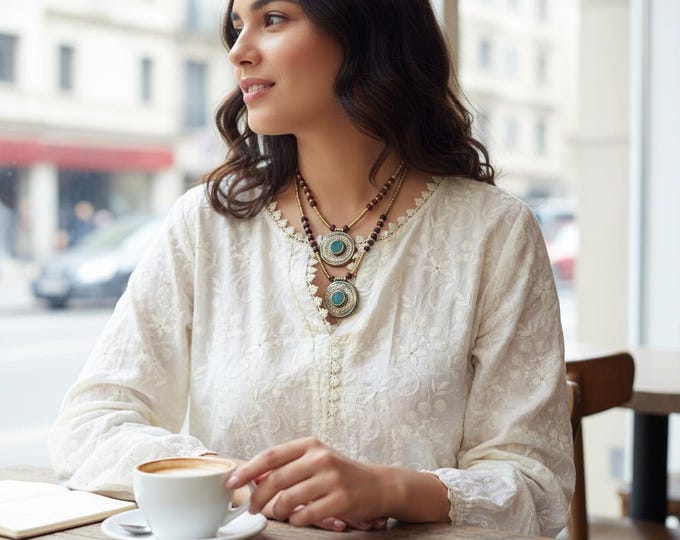 Turquoise & Onyx Stone Necklace- boho necklace- Half moon necklace- Crescent necklace