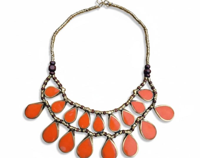 Coral Necklace- Afghan Tribal Bib Orange | Choker  Boho Statement | Indian Jewelry Ethnic | Valentine Sal