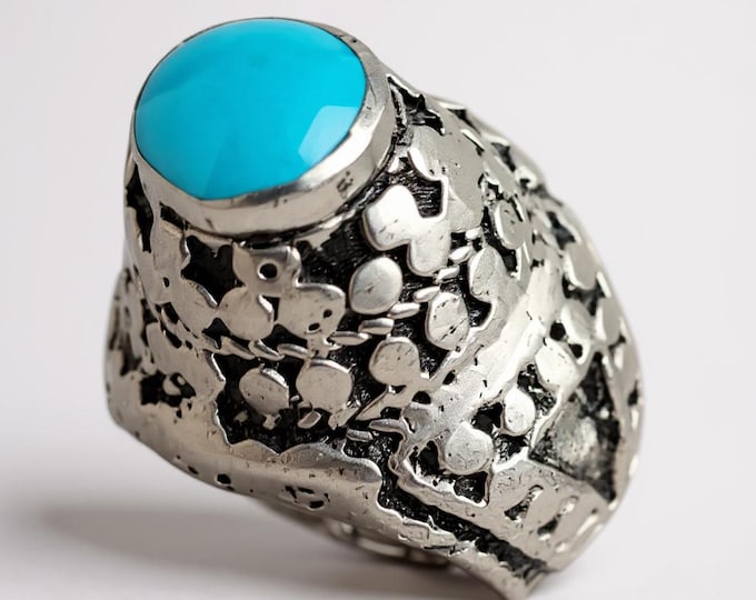 Afghan Turquoise Tribal Ring – engraved jewelry- Size 8