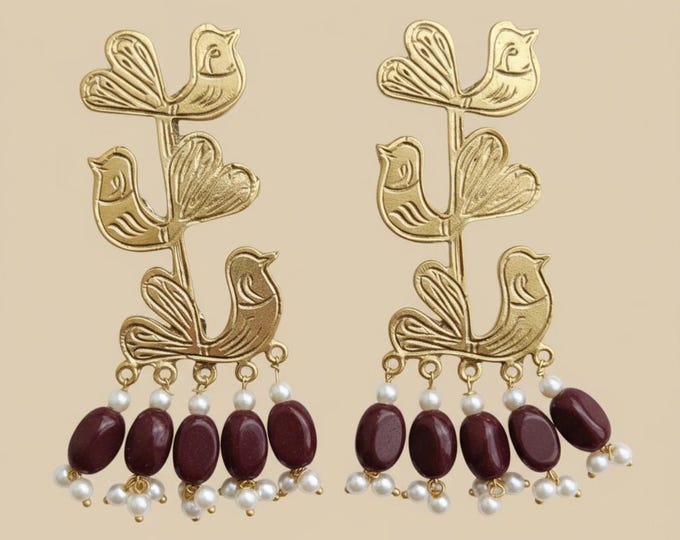 Handmade Jhumka earring- Pakistani Bird Earrings- Gold earrings- Aqeeq Pearl earring-