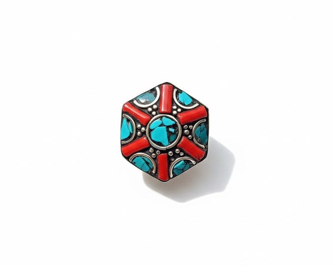 Tibetan Chakra Ring- Turquoise and coral ring- precious stone ring-  Budhist jewelry