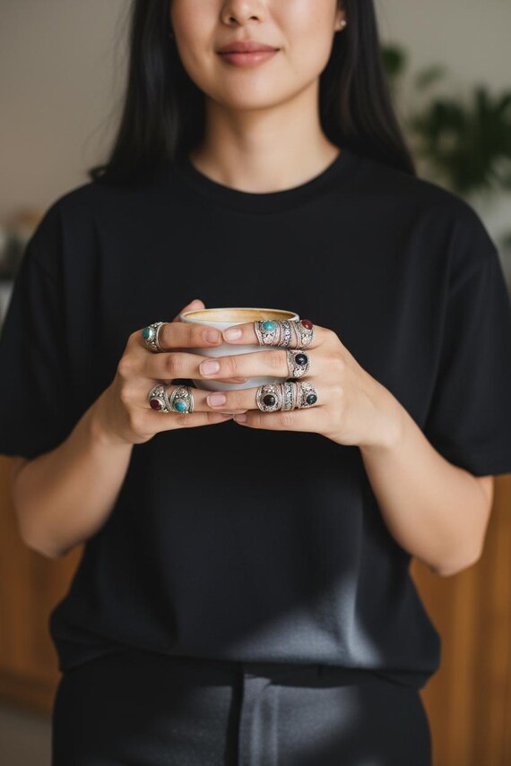 Tibetan Silver Stone Ring-  Adjustable Boho Amule… - image 6