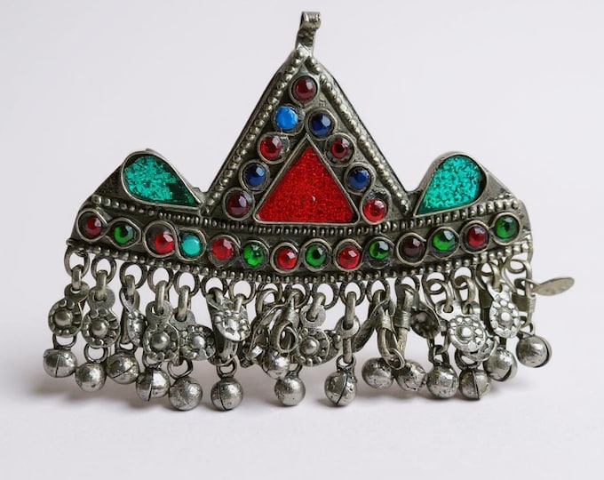 Vintage Kuchi Tribal Hairpin: Afghan Silver Barrette with Glass Coral