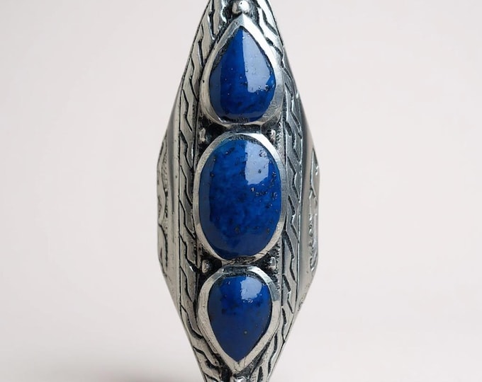 Blue Lapis lazuli Ring – Afghan lapis ring- Large silver saddle ring- Paashtun kuchi jewelry