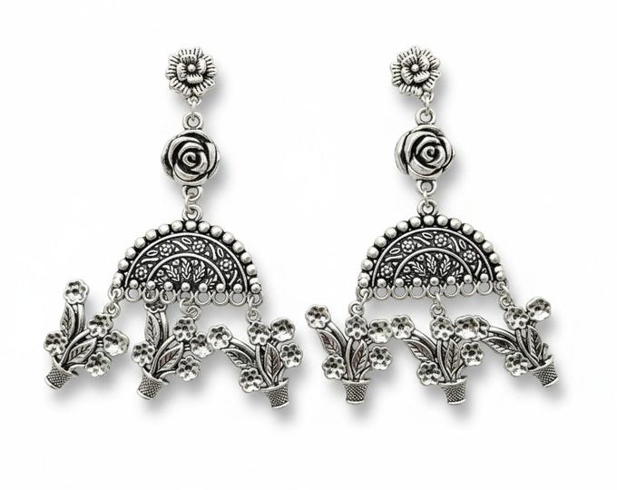 Silver drop earring- Ethnic indian earring- Rose Floral earring- indian jewelry